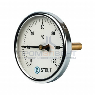 Термометр биметаллический аксиальный STOUT - 1/2" (D63 мм, шкала 0-120°C, с погружной гильзой 75 мм)